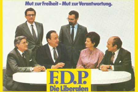 FDP-Flyer mit Gerhart Baum, Burkhard Hirsch, Hans-Dietrich Genscher und Graf Lambsdorff
